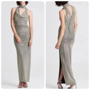 Halston Draped Neck Metallic Knit Column Gown
